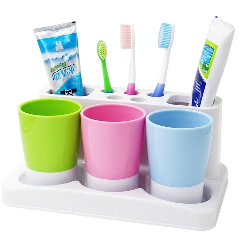 ENJOYPRO Toothbrush Holder 5 Hole Toothpaste Stand Bathroom Organizer with 3 Rinse cups for Family Set - Image 2